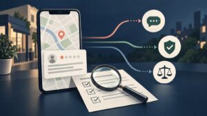 Googleマップの悪い口コミを報告・返信・法的検討に分ける判断を表したイラスト